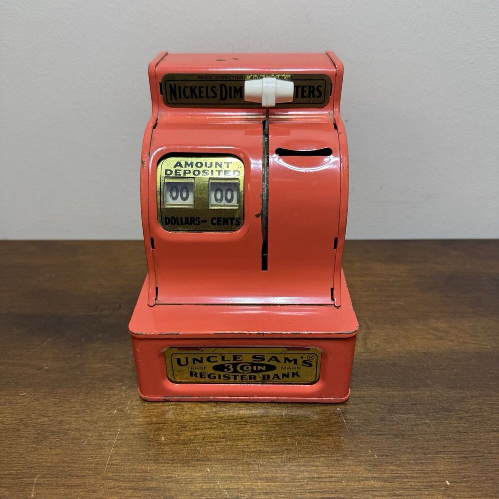 Vintage Uncle Sam’s 3 Coin Red Orange Metal Counting Register Bank - Works ! - Picture 2 of 11